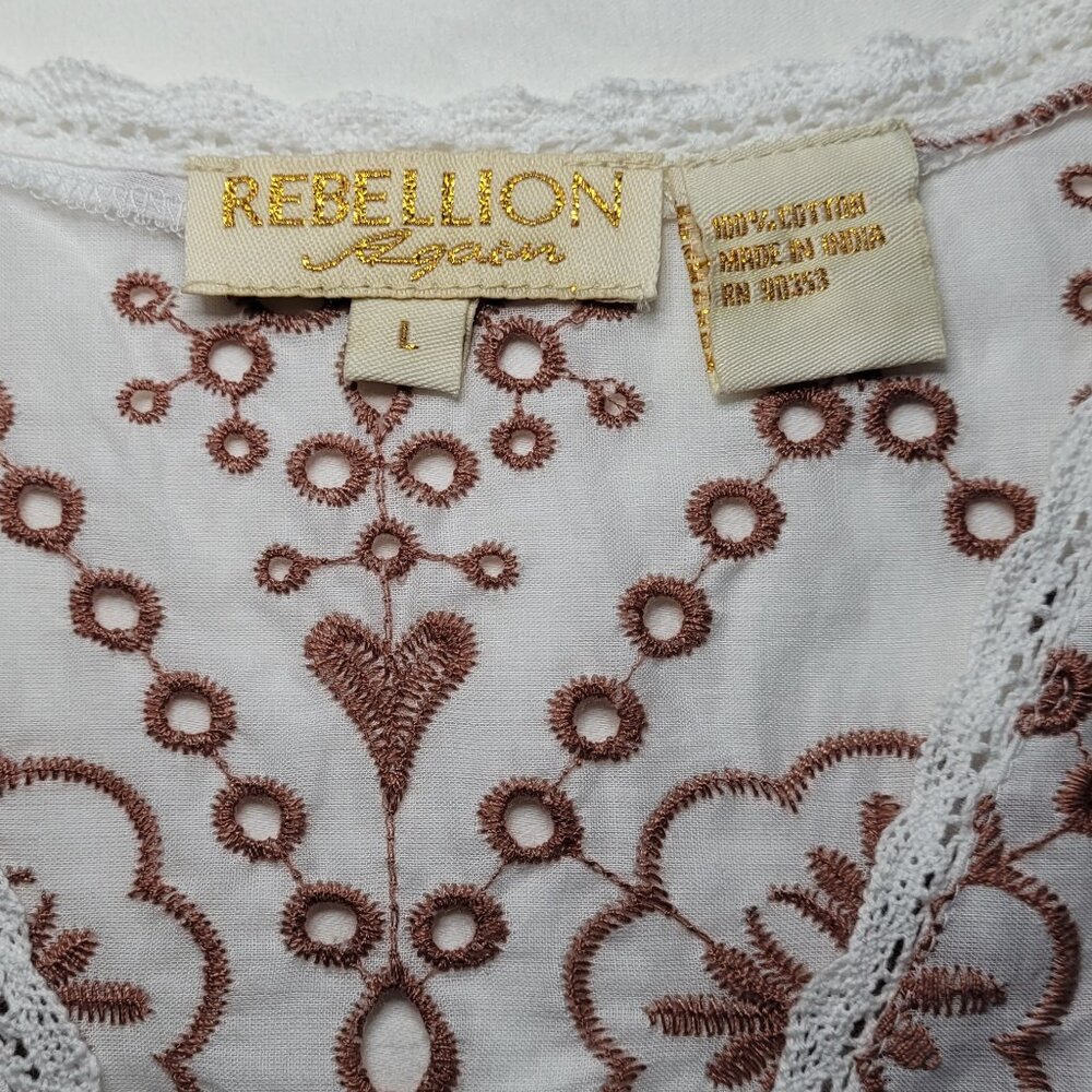 Rebellion Tie Front Eyelet Palm Top Cotton White Brown Large Boho Tropical - Picture 5 of 9